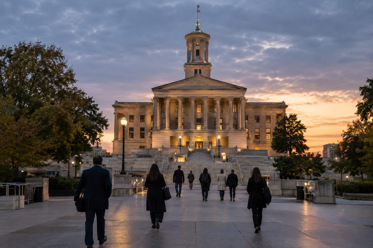 The Tennessee State Capitol in Nashville at dusk, with a few people crossing the stone plaza in front of it.