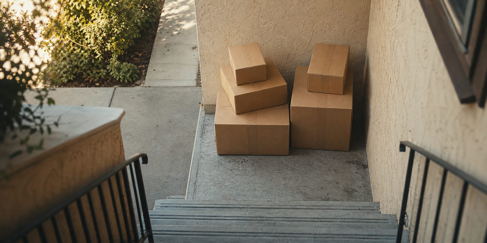Overhead view of plain brown cardboard parcels stacked on a stucco apartment stoop in soft morning light, with no visible logos or labels.