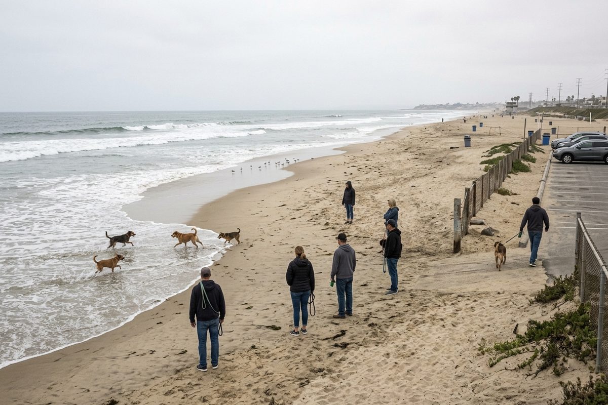 Dogs running loose in shallow surf at Huntington Dog Beach on an overcast morning while their owners stand on the sand holding leashes.