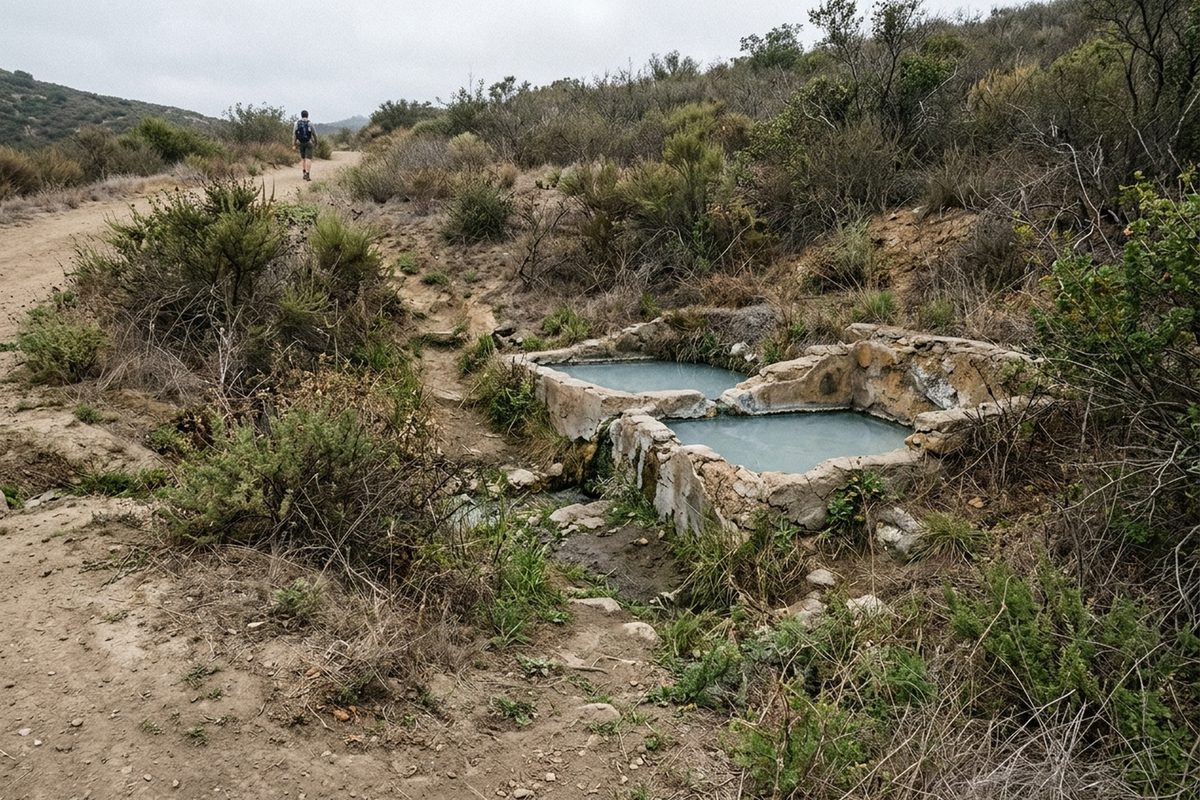A small milky-blue hot spring pool with old cement walls beside a dirt trail in coastal foothills on an overcast day, a hiker passing in the distance.