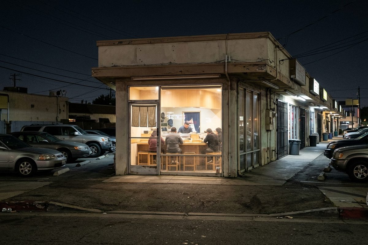 A small sushi bar in a Gardena strip mall at night, its lit window showing the backs of diners at a wooden counter.
