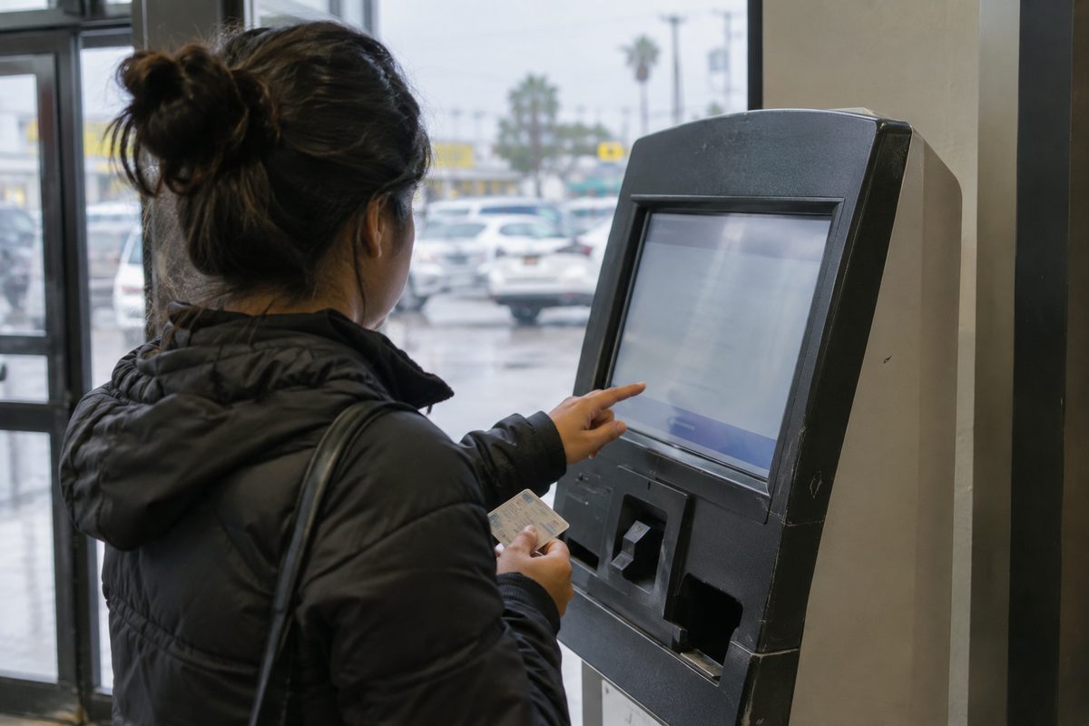 A person's hand at the touchscreen of a self-service DMV kiosk in a Los Angeles store entryway, seen over their shoulder on an overcast morning.