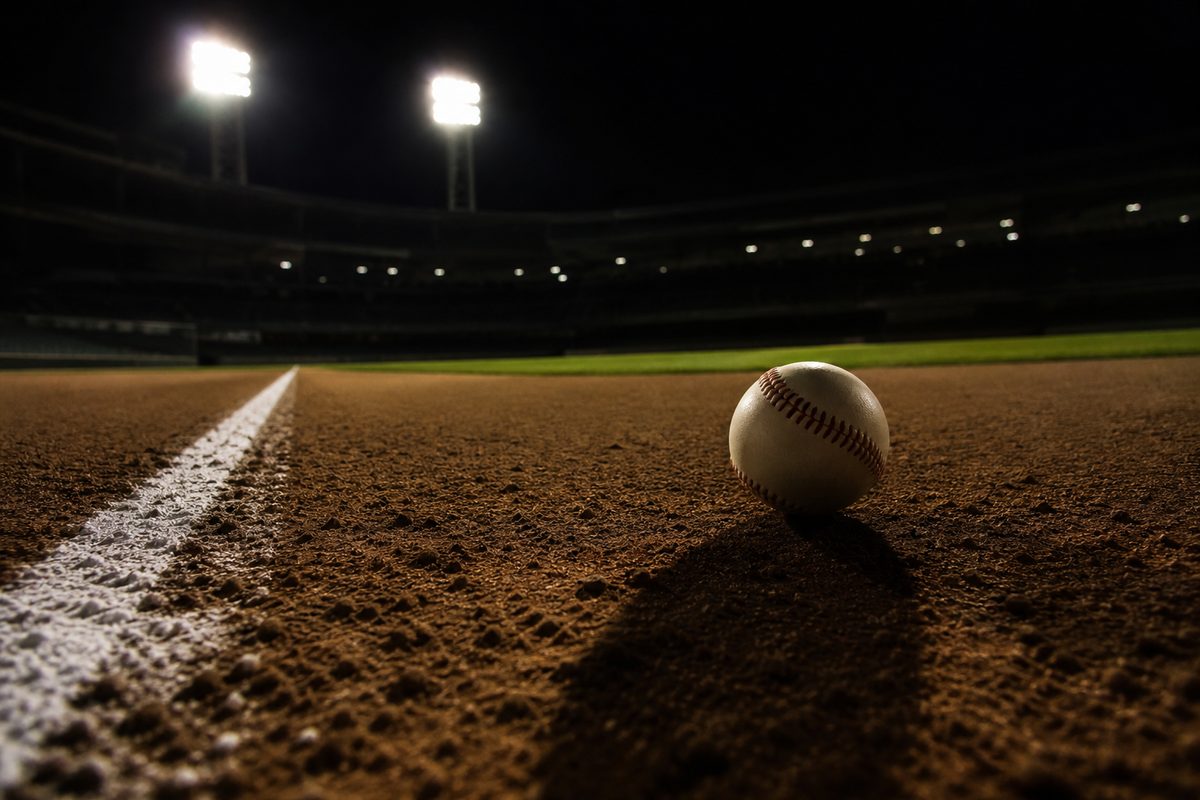 A baseball resting in the infield dirt beside a white chalk line, silhouetted under bright stadium lights at night.