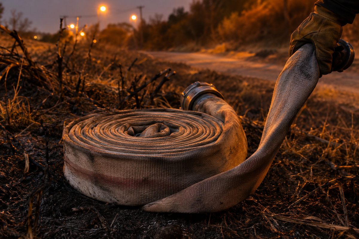 A coiled canvas fire hose resting on dry brush beside a dirt trail at dusk, lit by orange streetlight.