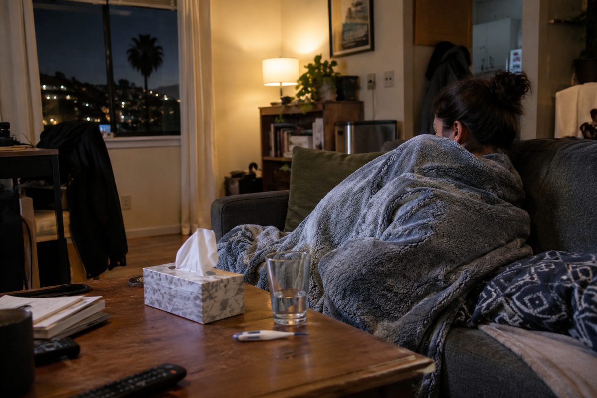 Photo illustration of a person wrapped in a blanket on a couch at night, with a thermometer, a box of tissues and a glass of water on the coffee table and a palm tree outside the window.