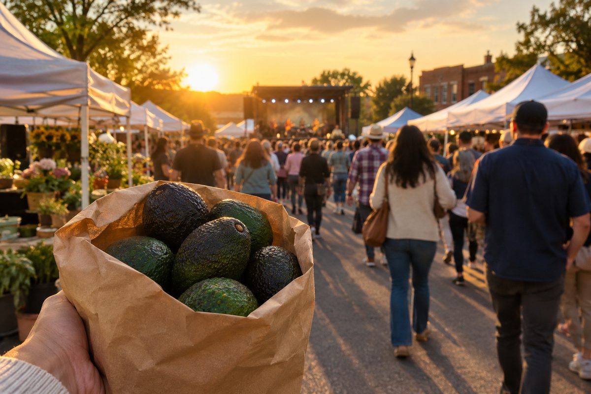 A hand holding a paper bag of ripe avocados in front of rows of white vendor tents on a small-town street at golden hour, with festivalgoers seen from behind.