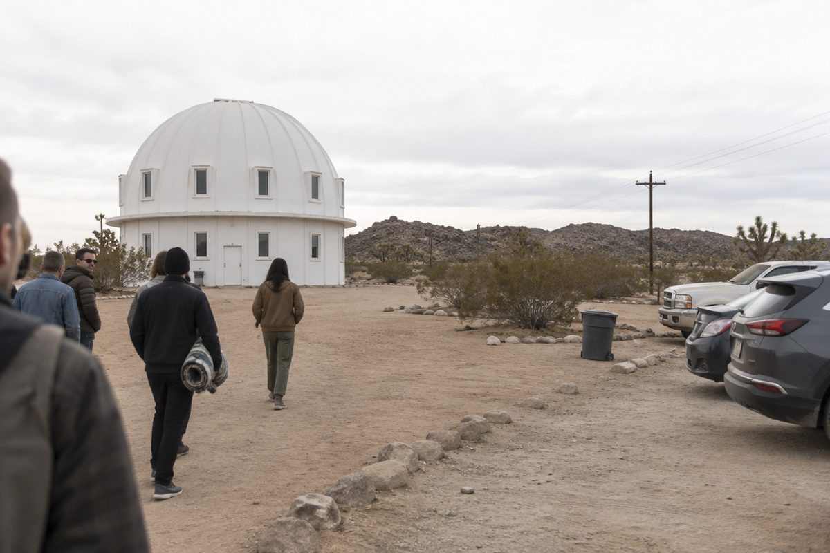 Visitors walk across sandy desert ground toward a white two-story wooden dome in Landers under an overcast sky.