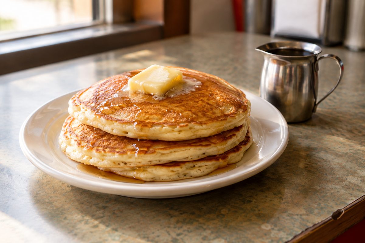 A three-quarter view of a stack of buttermilk pancakes on a plain white plate with a melting pat of butter and a small pitcher of syrup beside it.