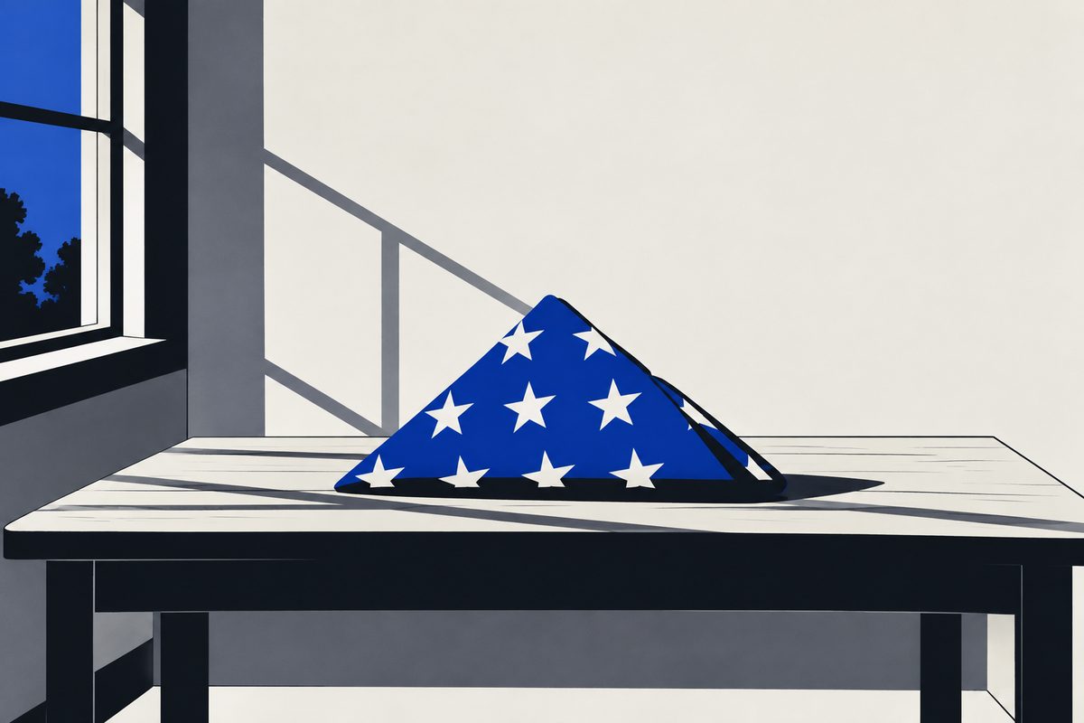 Illustration: Photorealistic editorial illustration: a folded American flag, triangular, resting alone on a plain wooden table in a quiet, empty room. Soft daylight comes through a nearby window and falls across the tabletop, with long gentle shadows and muted color. No people, no hands, no text, no lettering, no insignia beyond the flag itself. Restrained, somber, documentary framing at eye level; shallow depth of field, bare wall behind.
