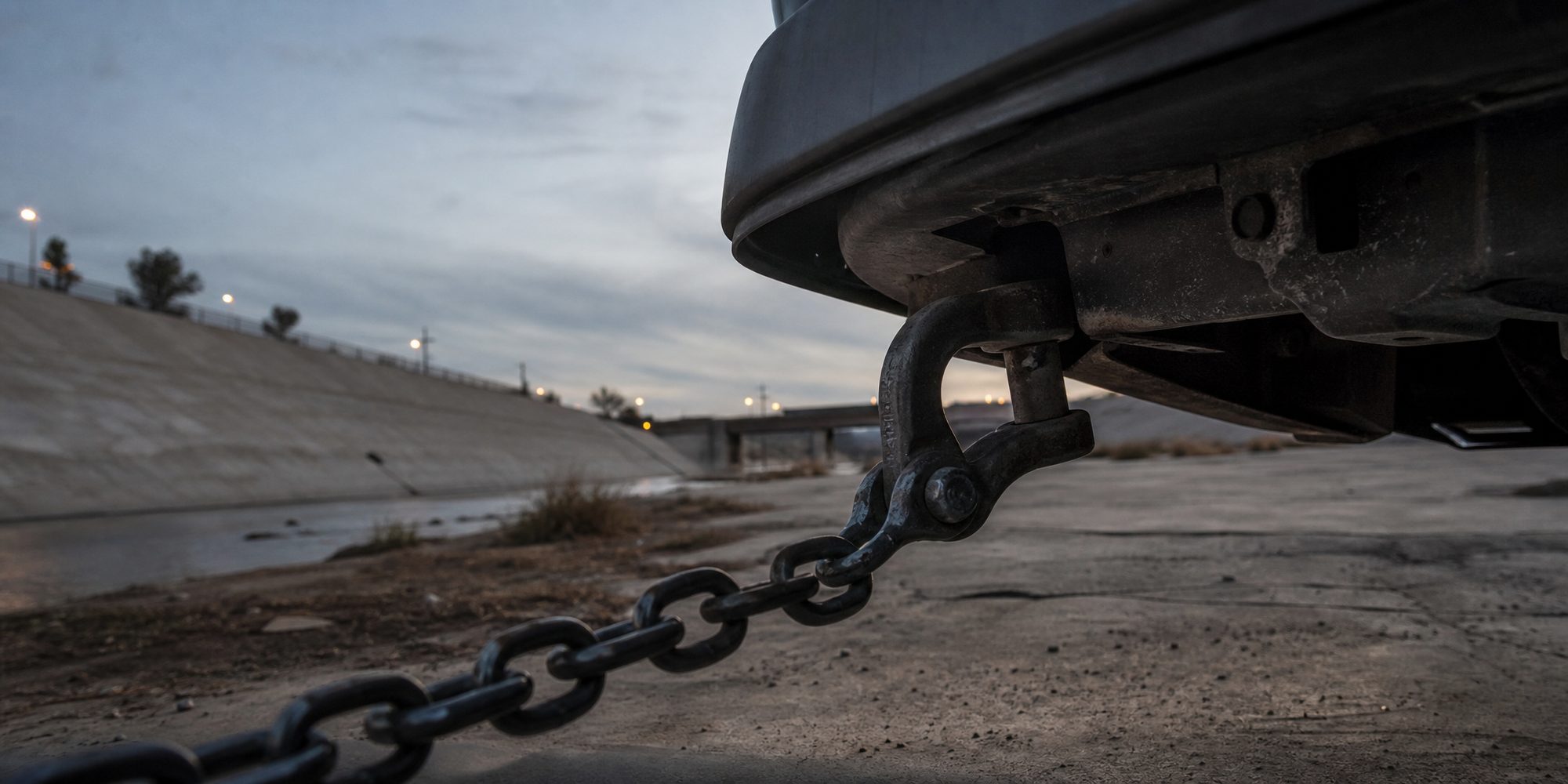 Close view of a steel tow hook and chain latched beneath a car's frame at dusk, with a concrete flood-channel wall behind.