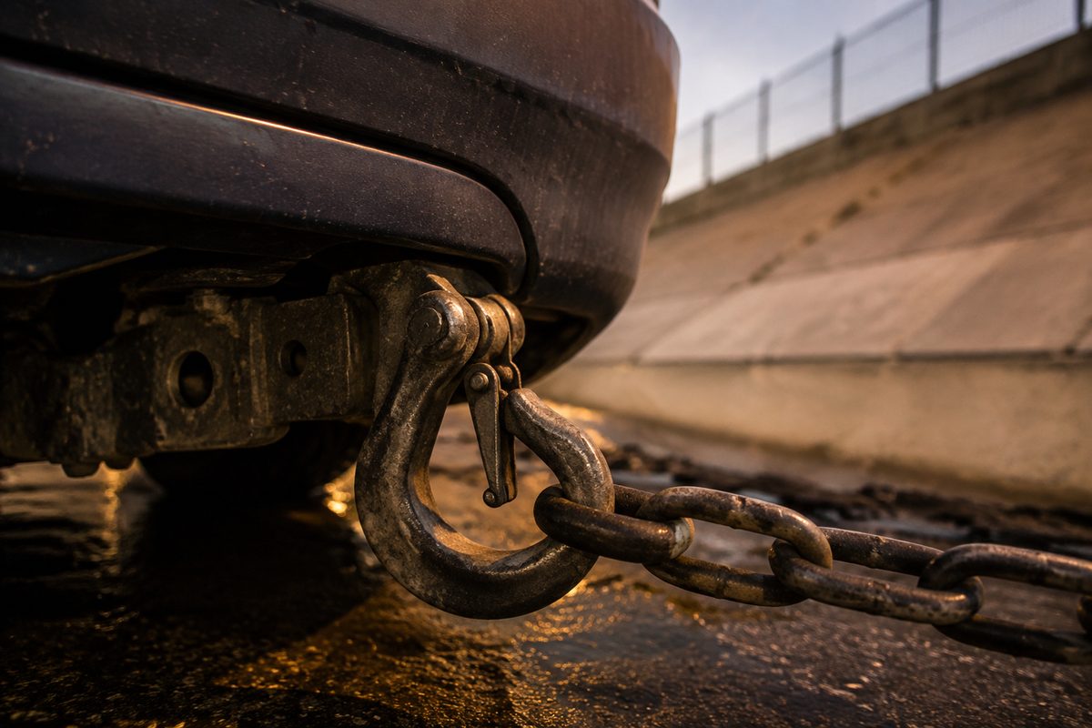 Close view of a steel tow hook and chain latched beneath a car's frame at dusk, with a concrete flood-channel wall behind.