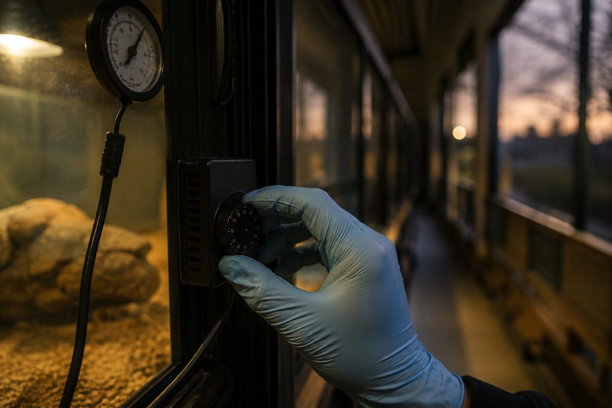 Close-up of a gloved hand turning a temperature dial on an unmarked glass-fronted reptile enclosure, warm sodium light behind.