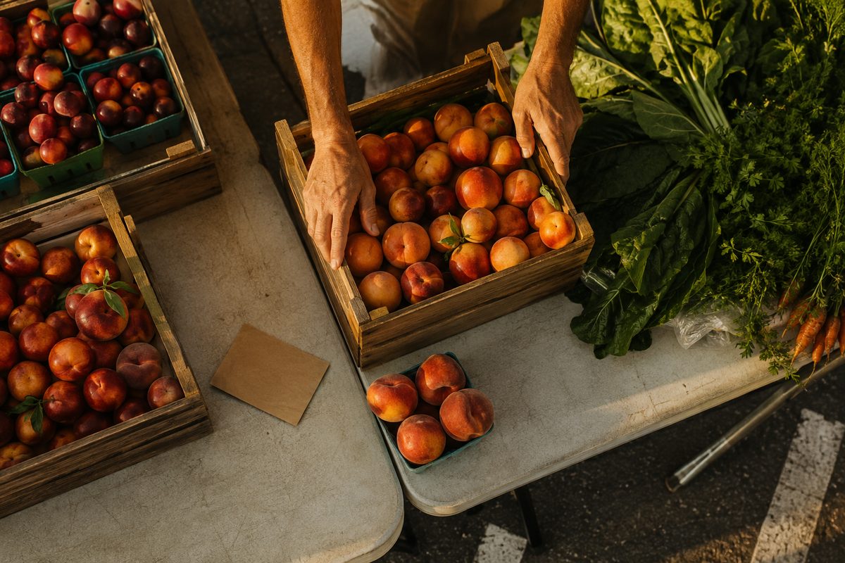 Overhead view of a folding market table with wooden crates of stone fruit and leafy greens, two hands squaring a crate, asphalt and painted parking-stall lines at the table's edge.