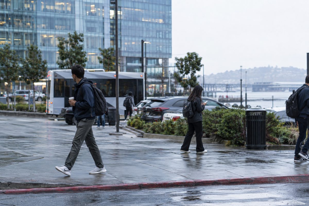 Office workers with coffee and backpacks walk past glass office buildings under a gray morning sky in San Francisco's Mission Bay.