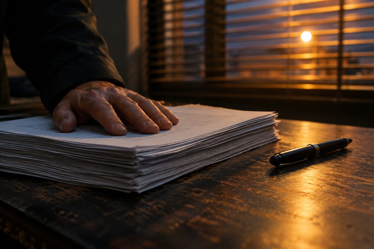 Close-up of a hand resting on a stack of unsigned contract pages beside a pen on a plain office desk, lit by streetlight through window blinds.