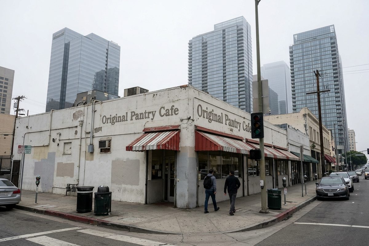 The low, white-walled Original Pantry Cafe at Ninth and Figueroa streets in downtown Los Angeles on an overcast morning, with office towers behind it.