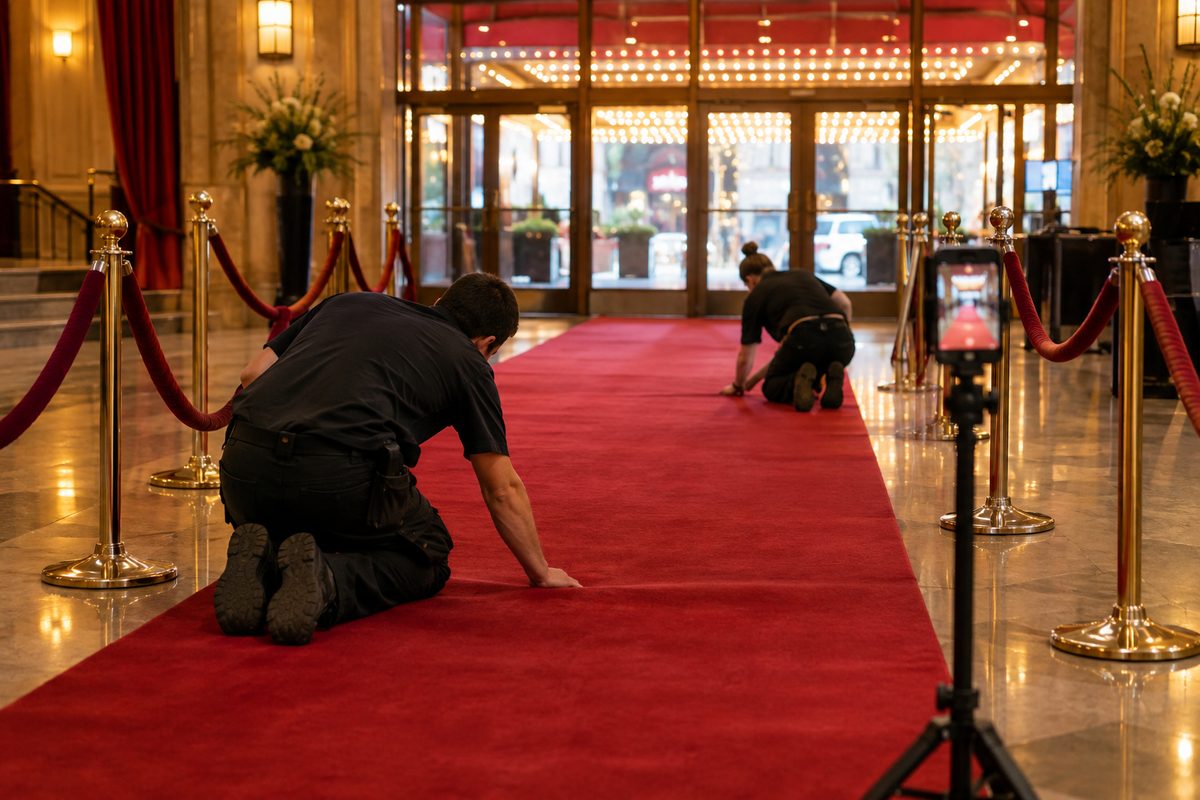 Two crew members seen from behind smoothing a red carpet between velvet rope stanchions in a theater lobby before arrivals, a smartphone on a small tripod at the rope line.