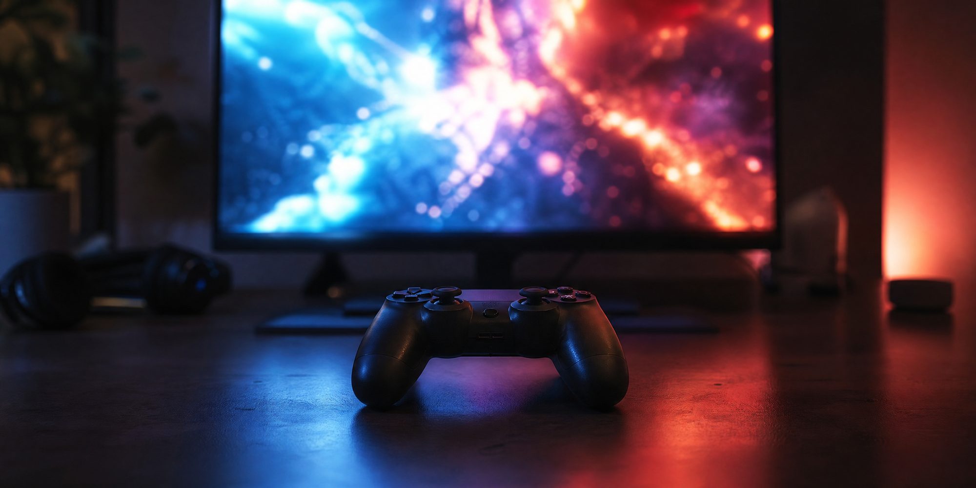 A game controller centered on a dark desk, with an unreadable glowing text screen behind it and neon reflections on the surface.