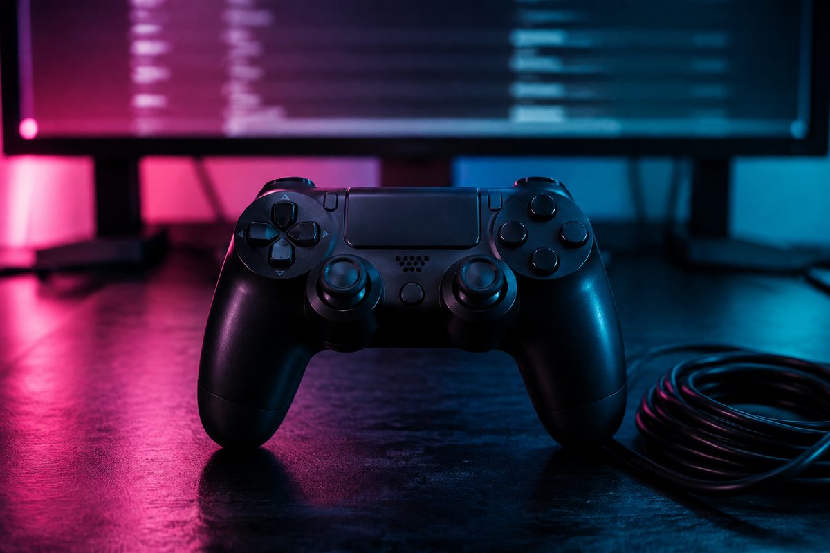 A game controller centered on a dark desk, with an unreadable glowing text screen behind it and neon reflections on the surface.