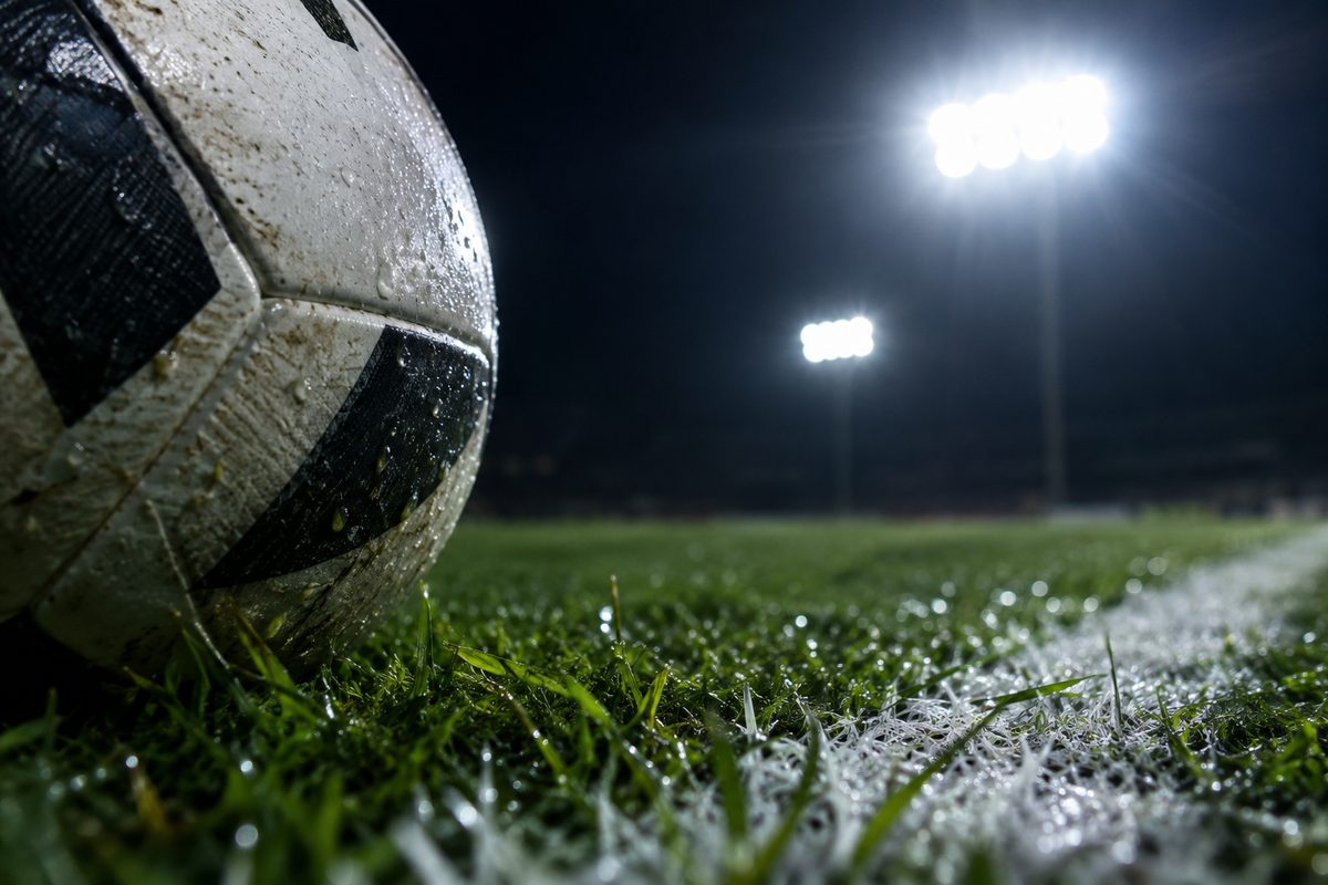 Extreme close-up of a football resting on a chalked goal line under bright stadium lights at night.