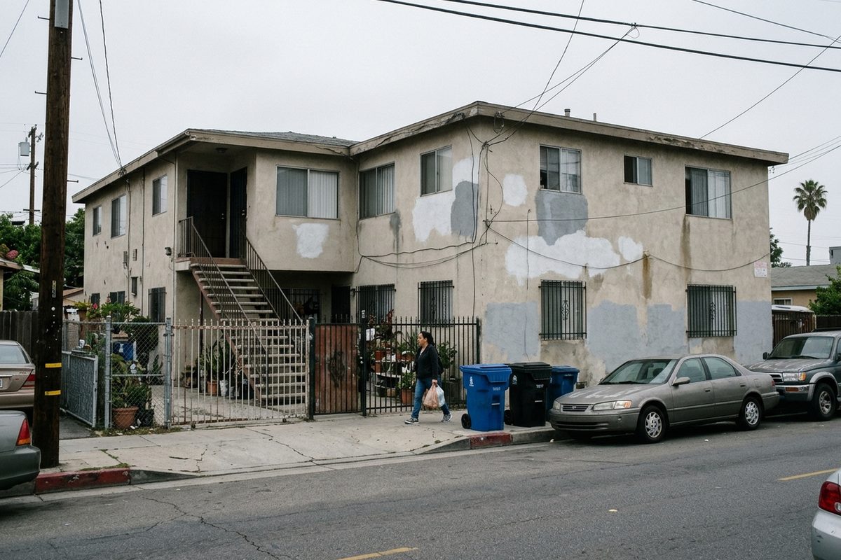 A two-story stucco apartment building seen from across the street on an overcast morning, with a woman carrying grocery bags walking past on the sidewalk.