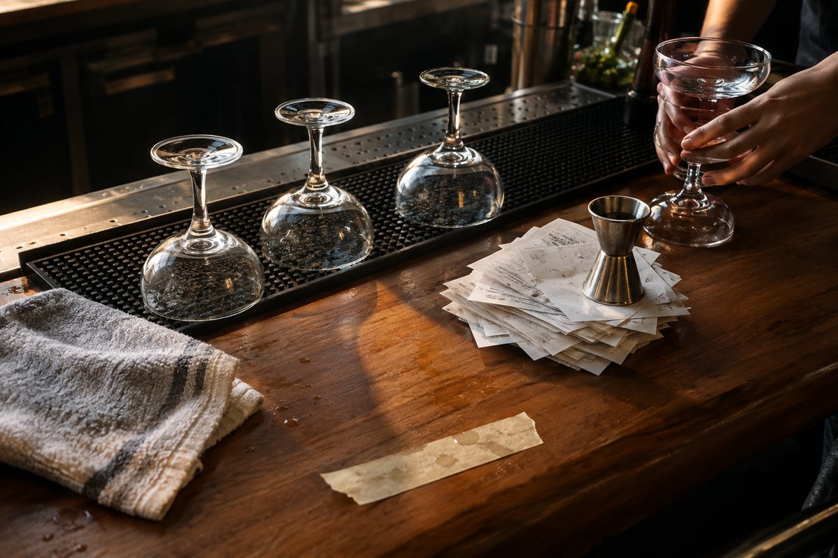 Overhead view of a bar top at the end of service: empty coupe glasses, a folded bar towel and a stack of receipts.