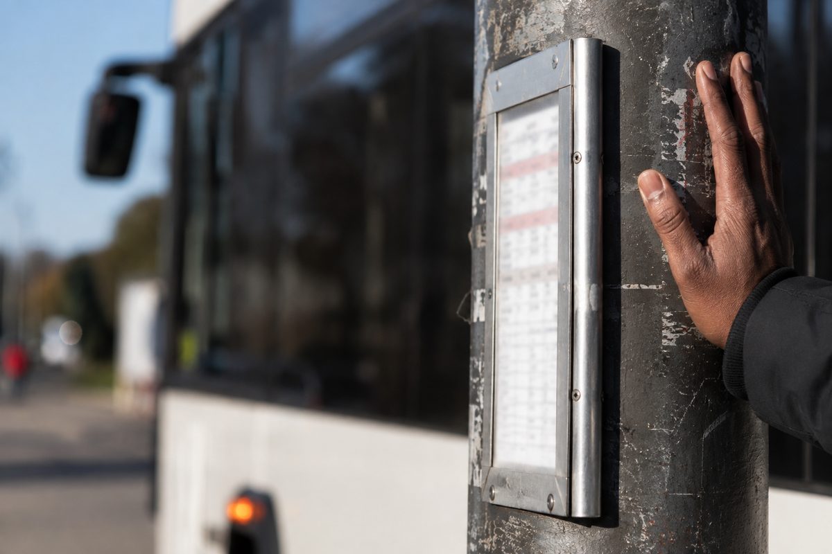 Close-up of a metal bus stop pole with a posted schedule placard, type unreadable, a bus mirror blurred behind it in midday sun.