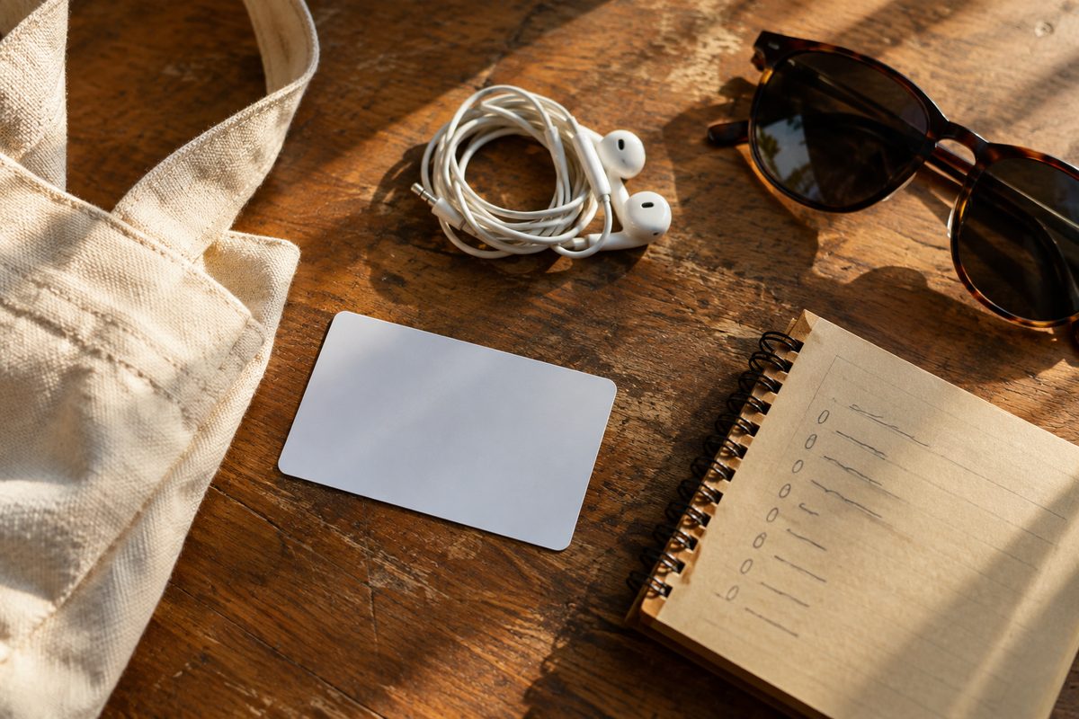 Overhead flat-lay of a blank transit fare card, folded earbuds, sunglasses and a handwritten weekend plan on a wooden table in warm evening light.