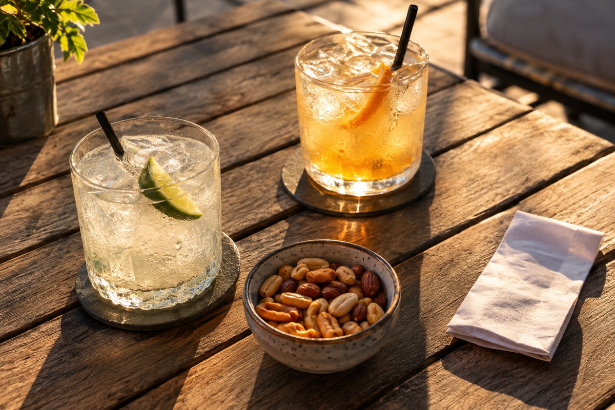Overhead view of two ice-filled cocktails and a small bowl of snacks on a wooden patio table in low golden light.