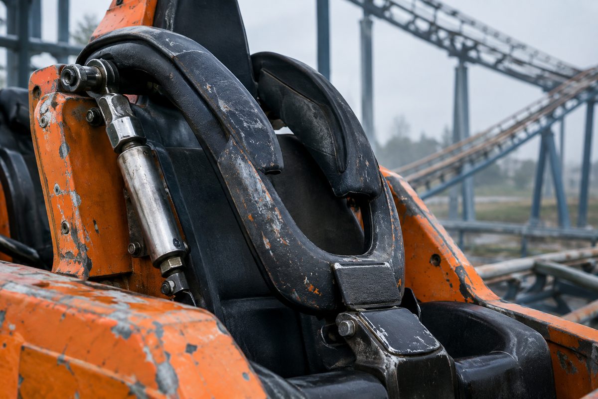 Close-up of a worn steel shoulder harness and lap restraint in an empty roller-coaster car, with track blurred behind it.