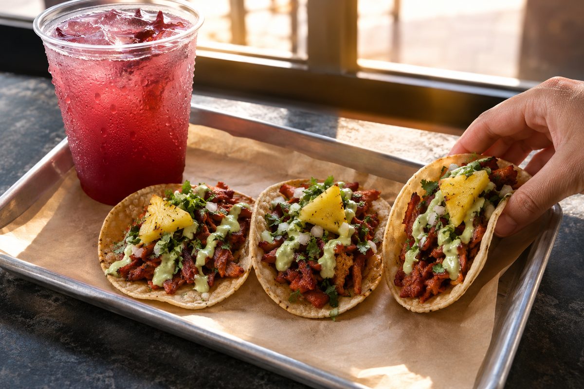 Overhead view of street tacos with shaved pork, pale green crema and pineapple slices on paper-lined trays, with a hand reaching in.