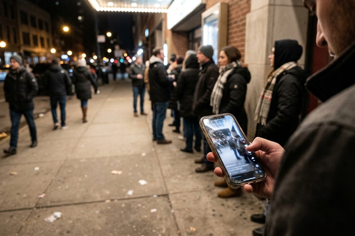 A hand holding a phone showing a vertical video feed on a sidewalk outside a movie theater at night, with ticket buyers in line behind.