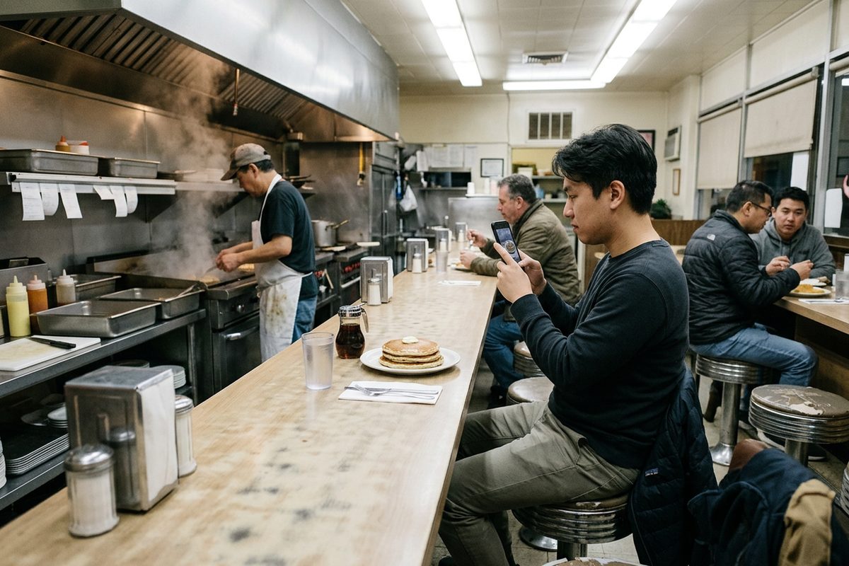 A customer at a fluorescent-lit diner counter in Koreatown holds up a smartphone to film a plate of food while other diners eat nearby.