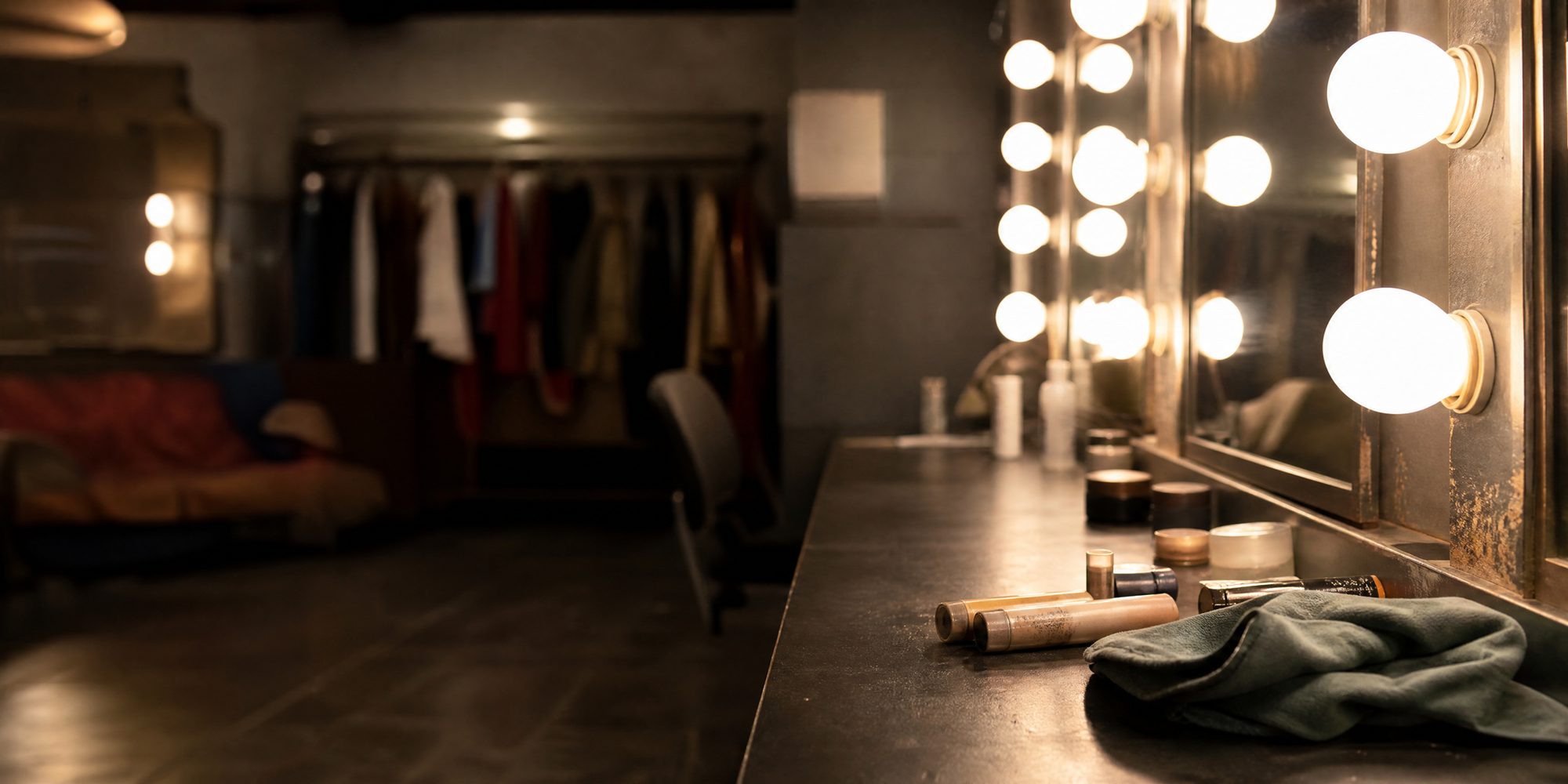 A theater dressing-room counter lit by a row of bare bulbs, with worn makeup sticks and a folded cloth in shallow focus.