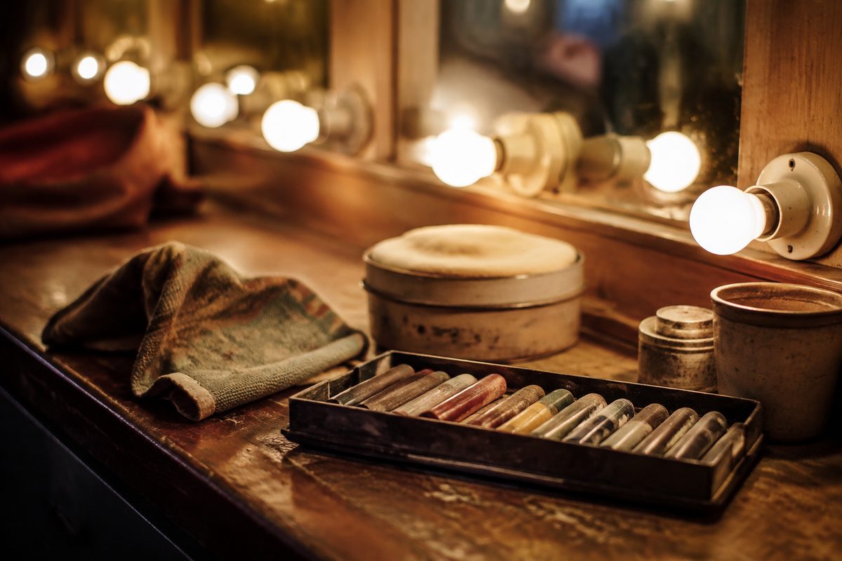 A theater dressing-room counter lit by a row of bare bulbs, with worn makeup sticks and a folded cloth in shallow focus.