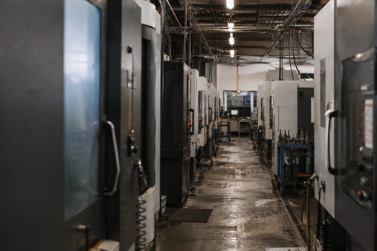 Long view down an aisle of enclosed machine tools in a fluorescent-lit industrial shop, cable trays overhead, no signage visible.
