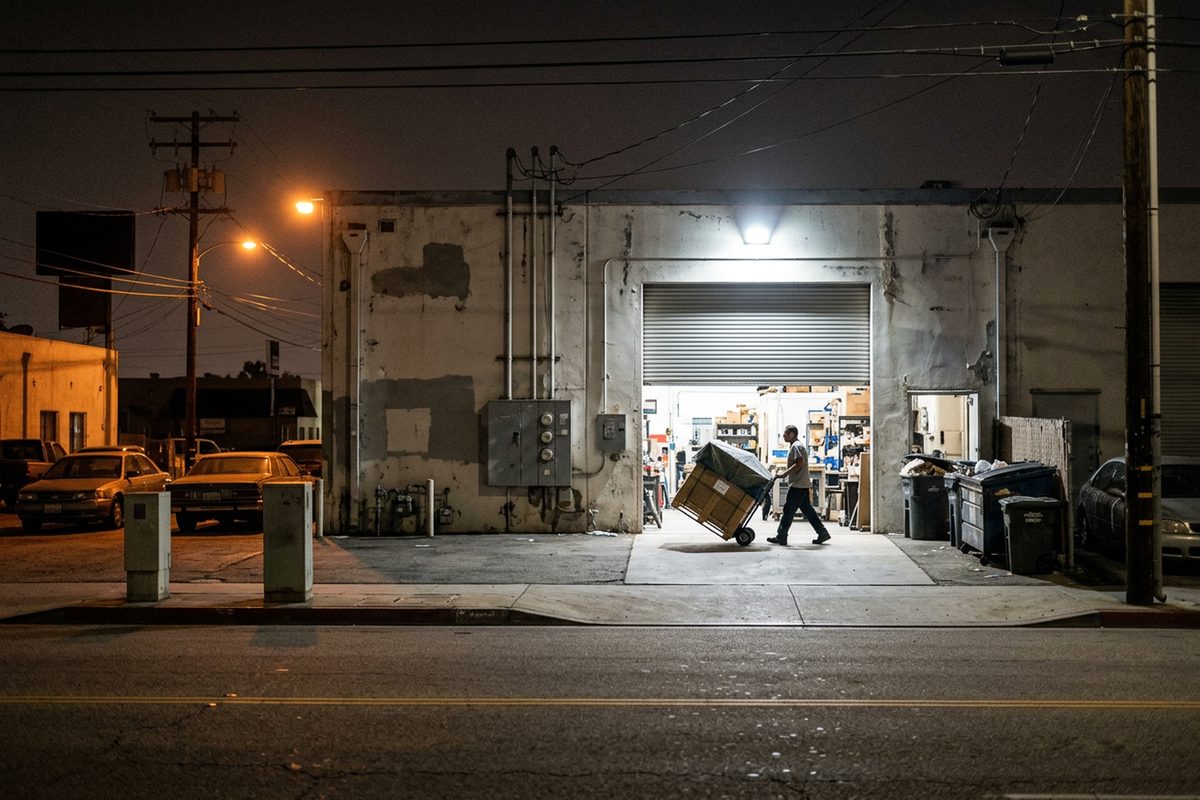 A low industrial building in a Torrance business park at night, its roll-up door open and lit, as a worker wheels a covered crate inside.