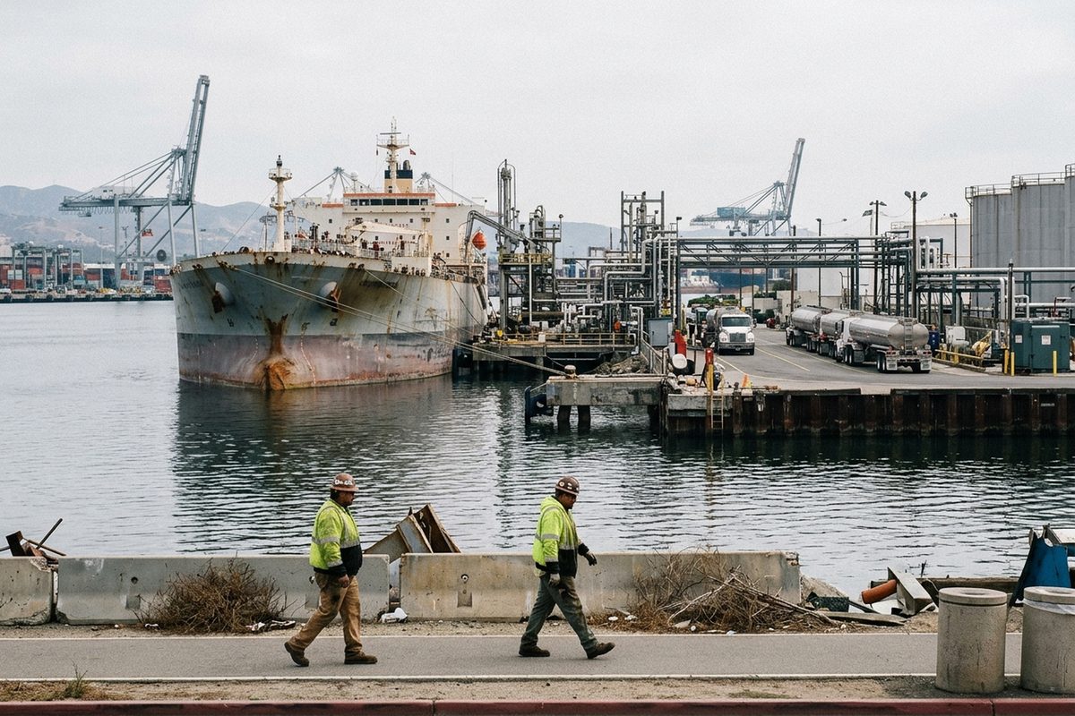 An oil tanker moored at a fuel terminal in the Port of Los Angeles, with tanker trucks lined up on the dock road under flat daylight.