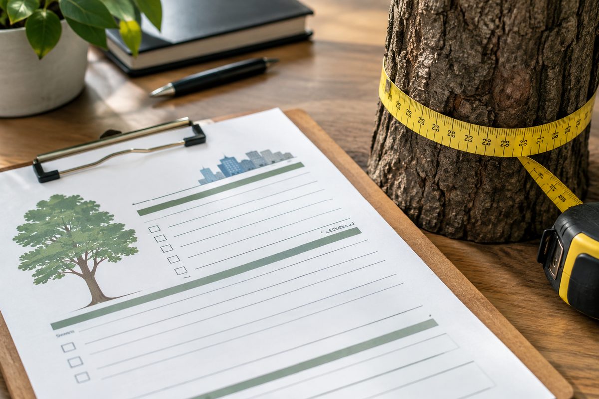 Photo illustration: flat editorial illustration of a city tree permit form lying on a desk beside a tape measure wrapped around a trunk, brand palette, no people, no seasonal foliage