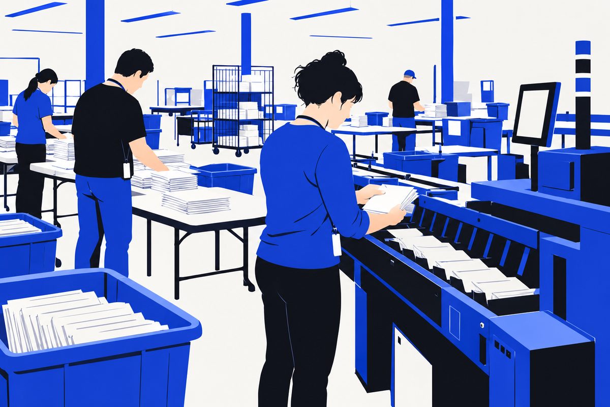 Illustration: Photorealistic editorial illustration in a restrained documentary style: inside a large, fluorescent-lit county election processing warehouse, several election workers in casual clothes and lanyards sort stacks of blank-looking paper envelopes and feed them into a long industrial sorting machine. Workers are seen from behind or in profile with heads bowed over their work, no faces turned toward the camera, no recognizable individuals. Plastic bins, metal carts and folding tables in the background. All papers, signs, screens and badges are blank or out of focus, with no readable text, logos or numbers. Natural available light, slightly wide angle at eye level, muted true-to-life color, calm working atmosphere, no dramatic lighting, no staged poses, no flags or political symbols.