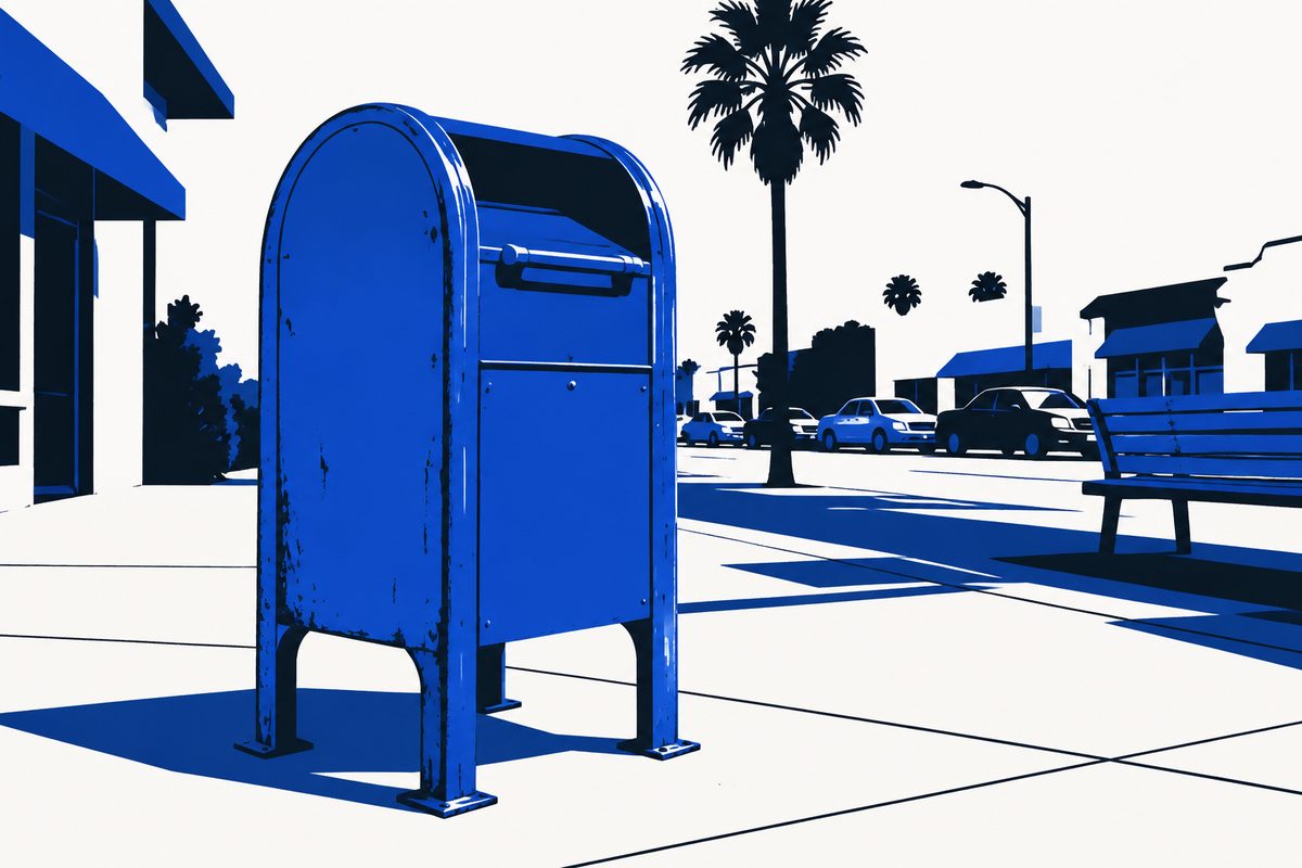 Illustration: Photorealistic editorial illustration: a blue United States Postal Service street collection box standing on a Los Angeles sidewalk in warm afternoon light. Rounded blue metal box with a pull-down hopper handle, slightly weathered paint, seen from a low three-quarter angle. Behind it, a shallow-focus city street: a palm tree, a stucco storefront, parked cars, a bus bench. Long late-day shadows across the concrete. No people anywhere in frame. No ballots, no envelopes, no mail visible. No legible text, no lettering, no logos, no signage, no license plates, no numbers on the box or anywhere in the scene. Documentary editorial look, natural color, no clip-art or generic stock-photo styling.