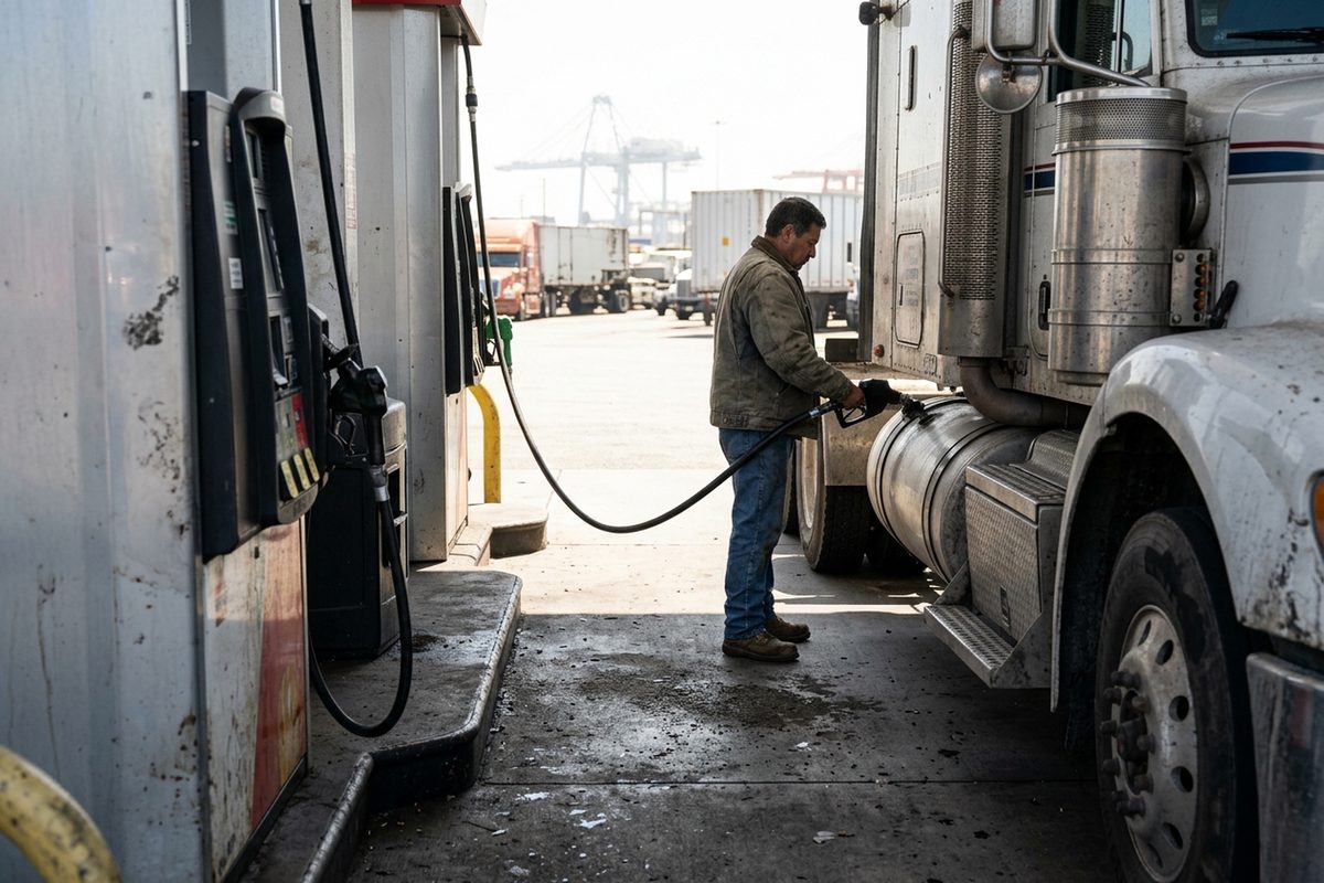 A truck driver, seen in profile, holds a diesel nozzle in a big rig's fuel tank at a truck stop near the Port of Long Beach under hard midday sun.