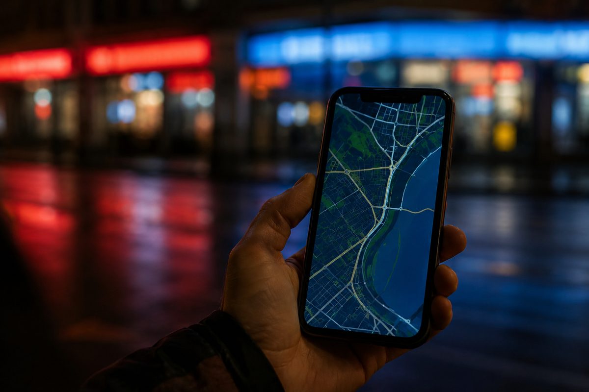 A hand holding a phone at night showing a map application with small, unreadable place labels, city lights blurred behind it.