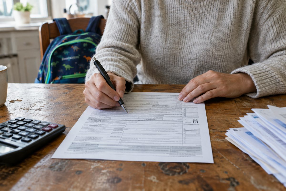 Hands holding a pen over a paper federal tax form on a kitchen table, with a yes-or-no checkbox in view.