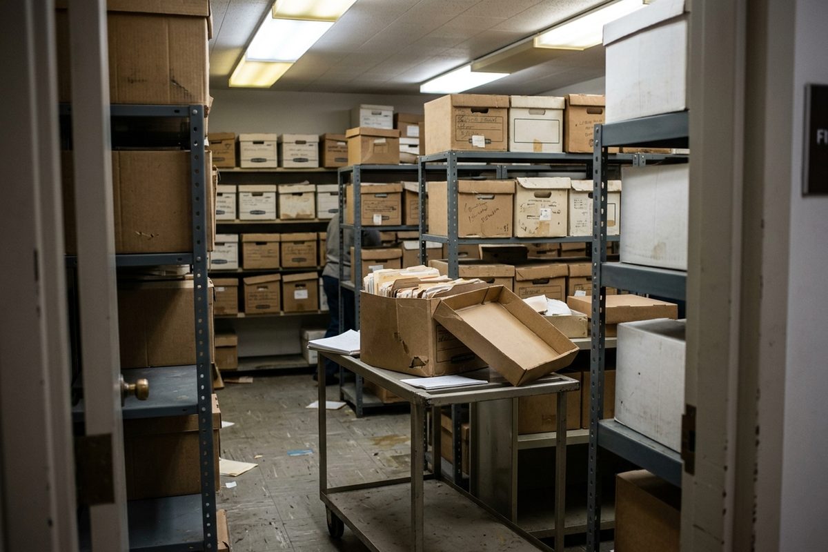 File boxes on metal shelving in the records room of a county office.