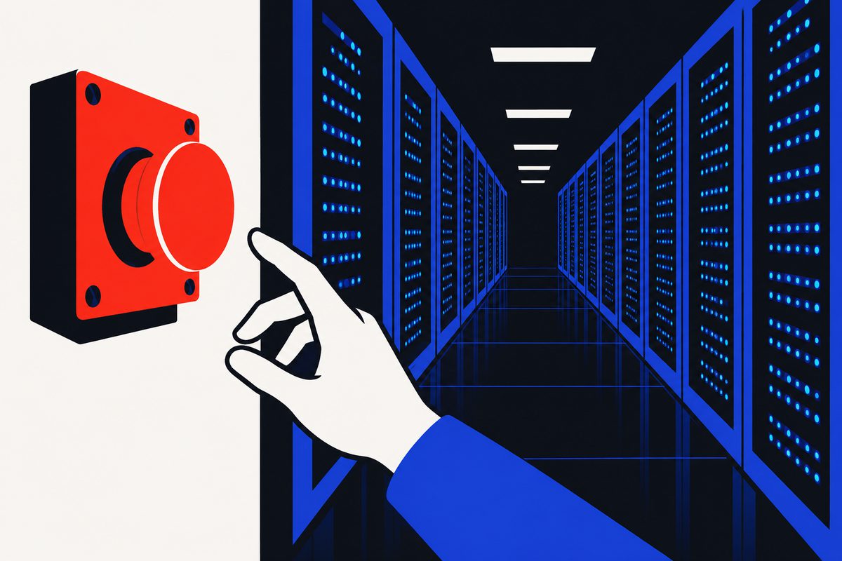 Illustration: a giant red emergency stop switch on the wall of a humming data center corridor, rows of blue server lights receding into the dark, one hand reaching for the switch