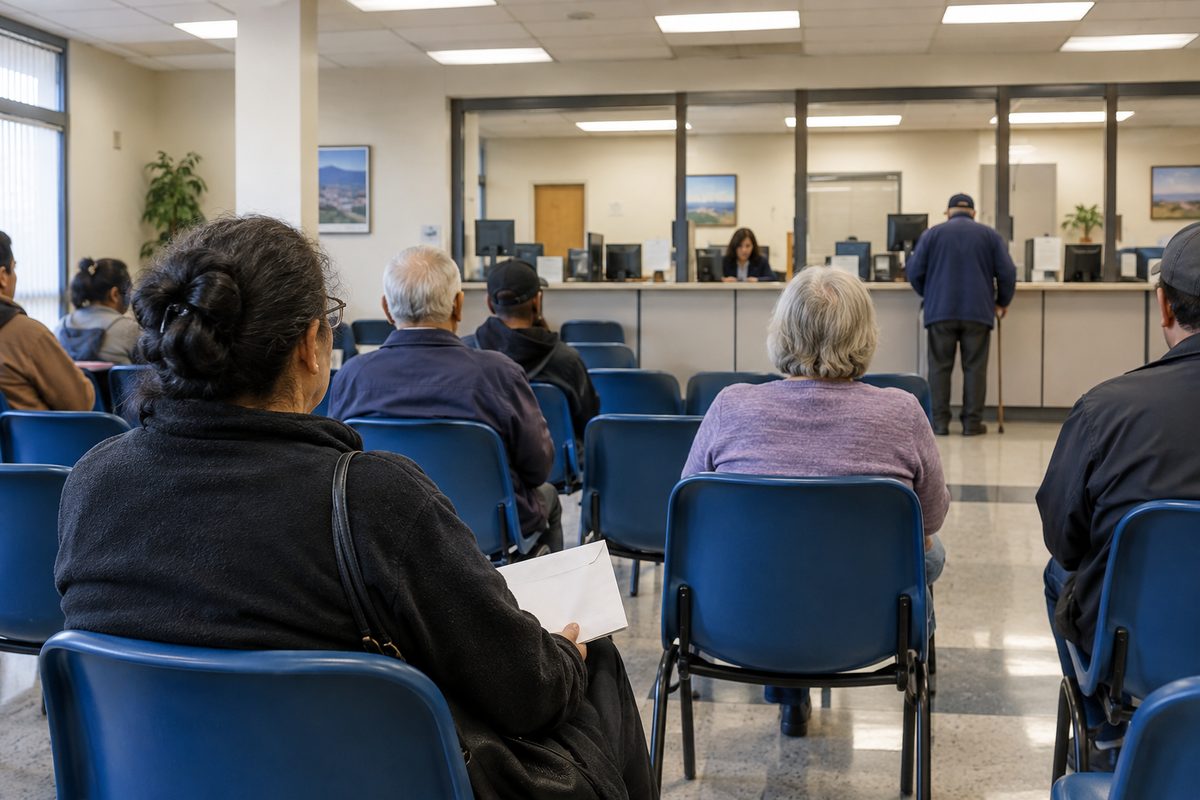 Older adults seen from behind, seated in rows of chairs in a fluorescent-lit government benefits office waiting room.