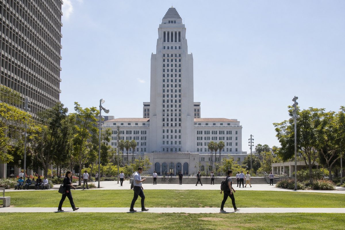 Los Angeles City Hall's white tower seen across the lawn of Grand Park at midday, with office workers walking on the paths.