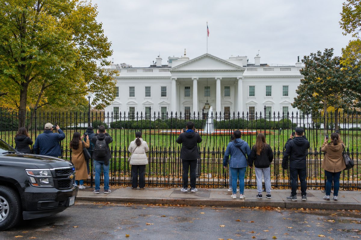 Visitors stand at the fence outside the White House on Pennsylvania Avenue on an overcast day, the North Portico behind them.