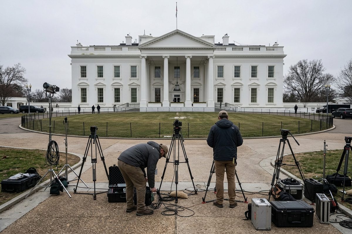 The north side of the White House on an overcast day, with TV camera tripods set up on the lawn in the foreground.